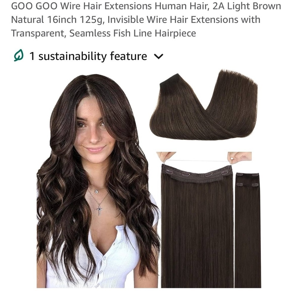 GOO GOO Wire Hair Extensions Human Hair, 2A Light Brown Natural 16inch 125g